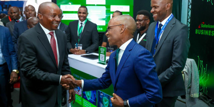 Deputy President, Kithure Kindiki and Safaricom CEO shaking hands during the Connected Africa Summit.
