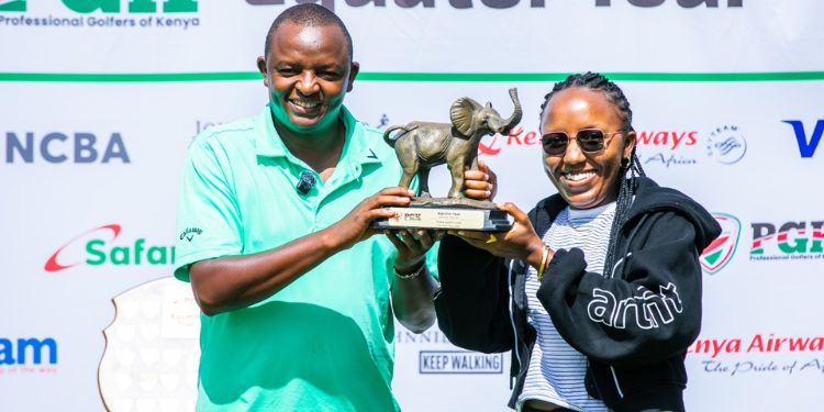 Samuel Njoroge, Safaricom sponsored player and Nazareen Wangari pose with the trophy following a victory at the 2nd leg of the PGK Equator Tour at Thika Sports Club.